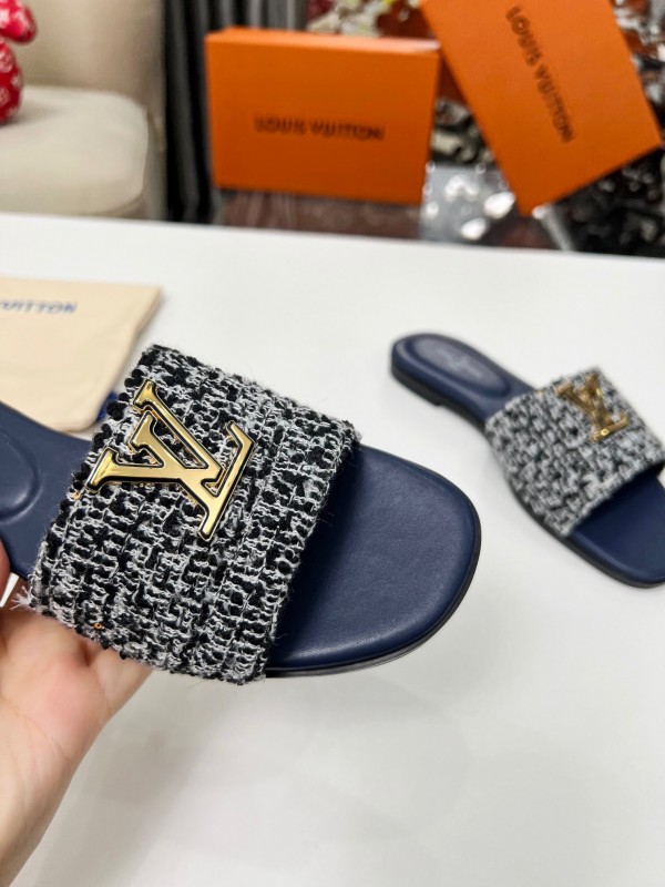 2025 Women Louis Vuitton Navy Tweed Leather Slippers LY00210