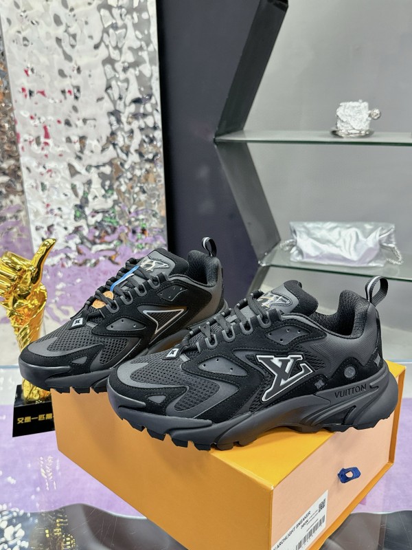2025 Men Louis Vuitton Black Mesh Leather Sneakers MJ00420