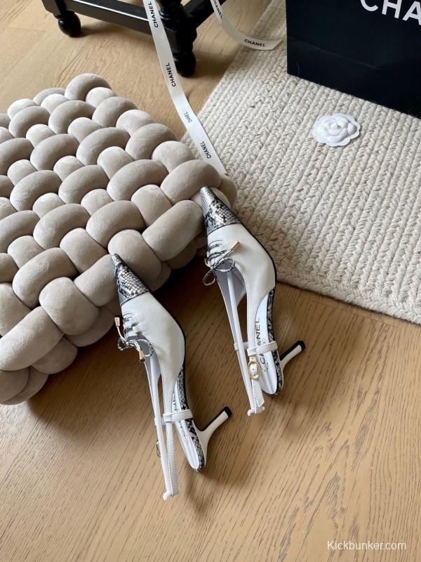 2025 Women Chanel White Black Python Leather Slingback Heels