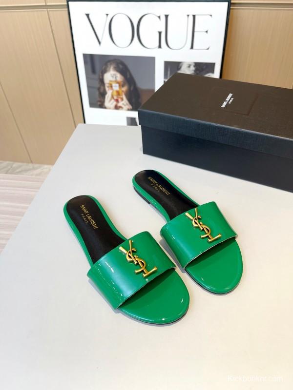 2025 Women Yves Saint Laurent Green Leather Slippers LY00180