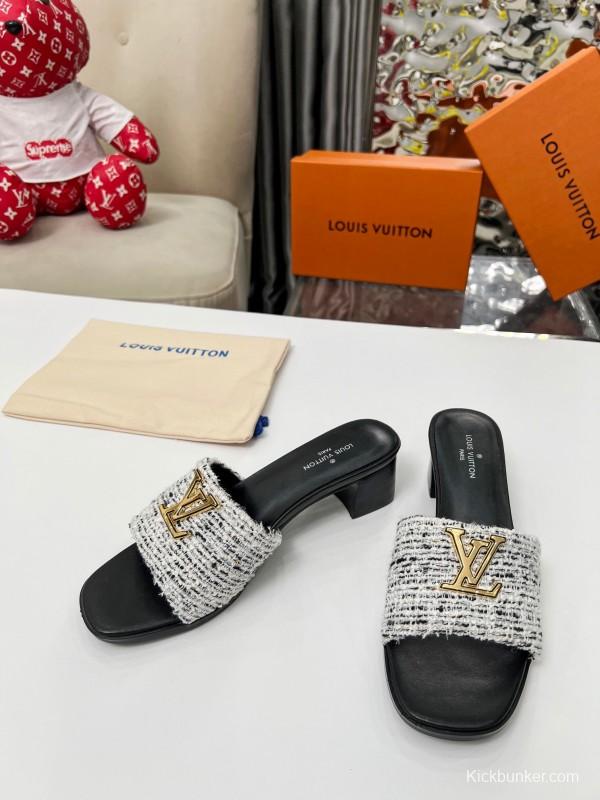 2025 Women Louis Vuitton Black White Tweed Heels LY00220