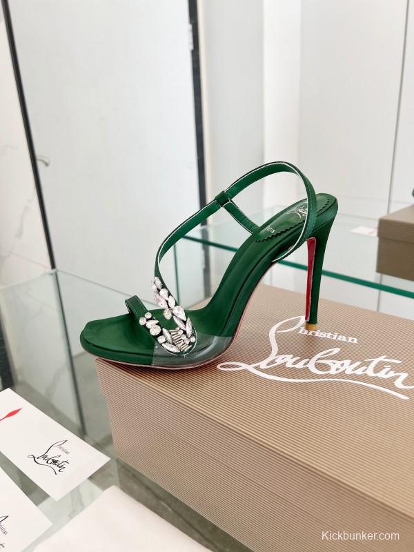 2025 Women Christian Louboutin Green Silk High Heel Crystal Sandal LY00300
