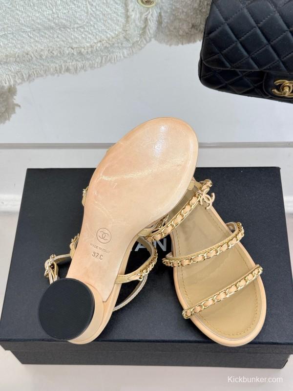 2025 Women Chanel Beige Lambskin Chain Strap Block Heel Sandals