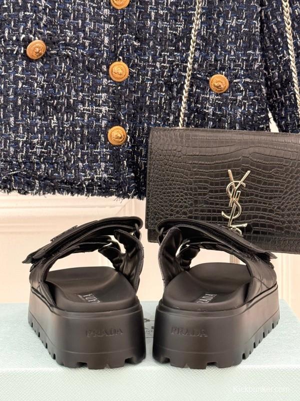 2025 Women Prada Black Leather Slippers