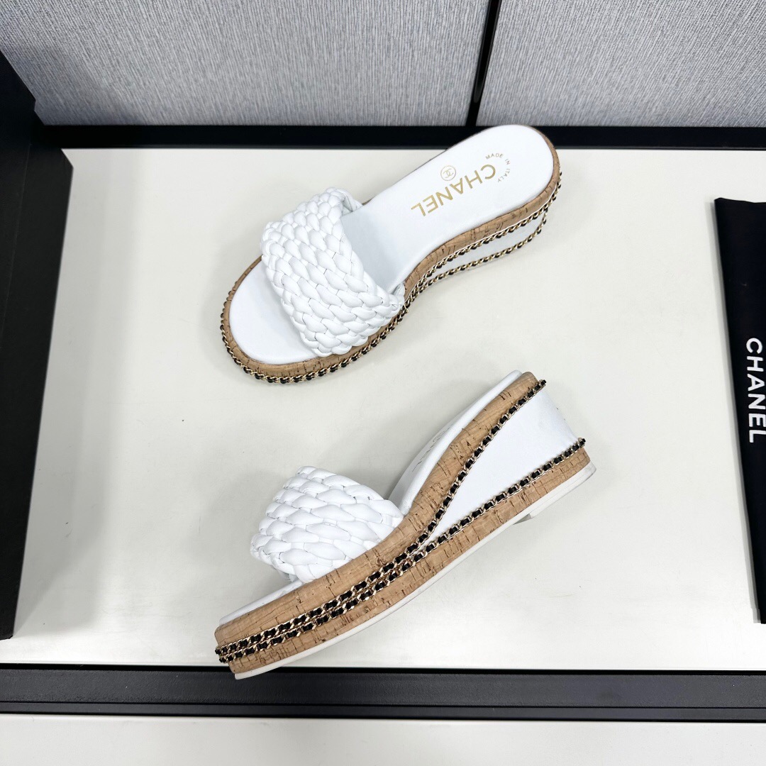 2025 Women Chanel White Leather Wedge Sandals