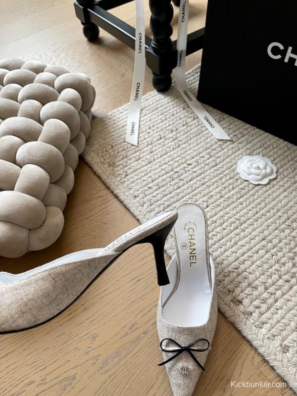 2025 Women Chanel Beige Fabric Pointed Toe Mules KFY00290