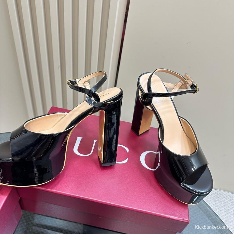 2025 Women Gucci Black Patent Leather Platform Sandals