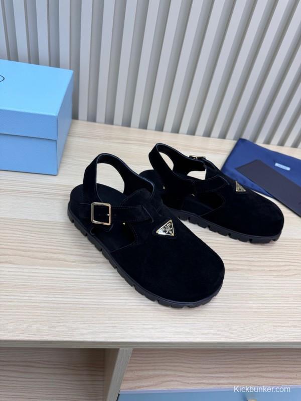 2025 Women Prada Black Suede Sandals LY00280
