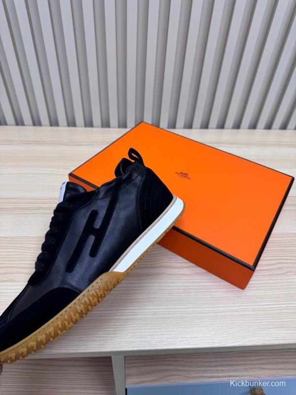 2025 Unisex Hermès Black Brown Suede Goat Leather Down Fabric Sneakers Top Version KFY00300