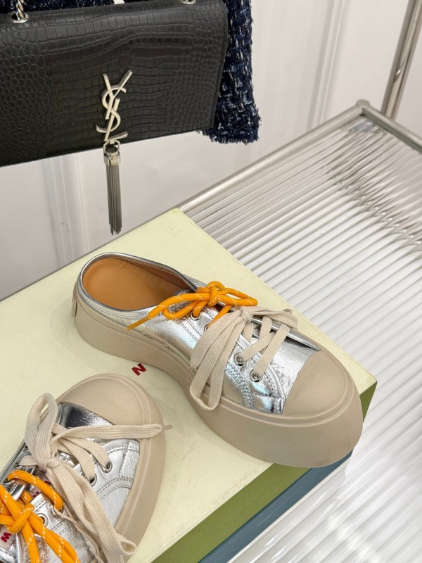 2025 Women Yves Saint Laurent Silver Leather Platform Sneakers With Orange And Beige Laces YSL123(F)