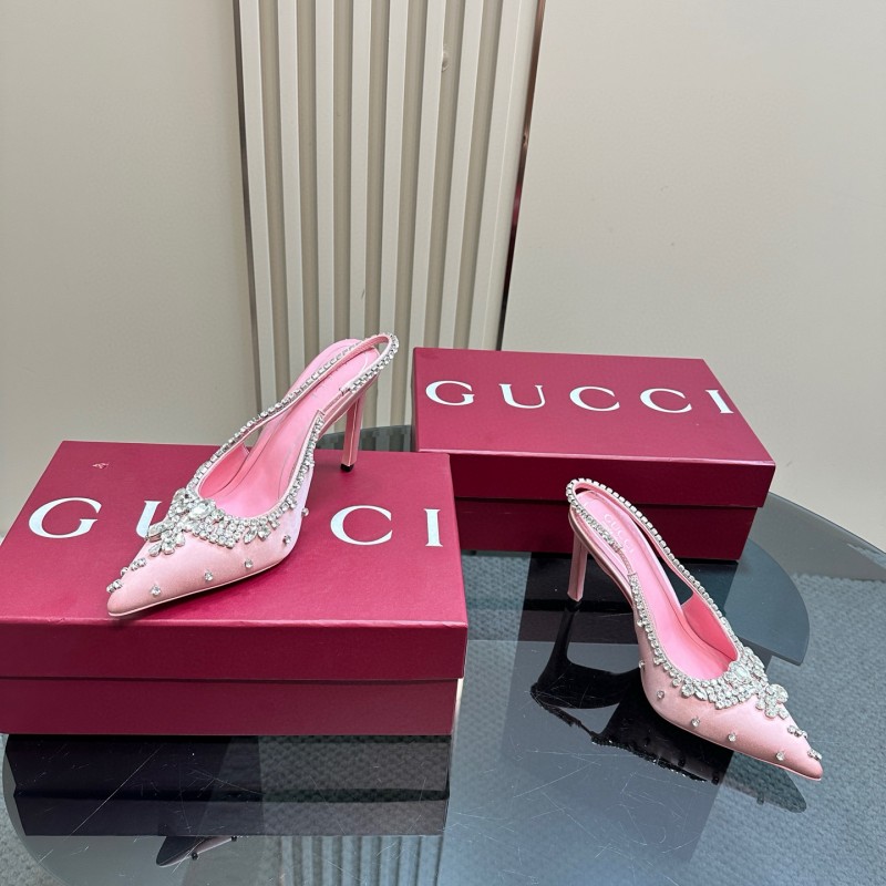 2025 Women Gucci Pink Silk Slingback High Heel Crystal MJ00340