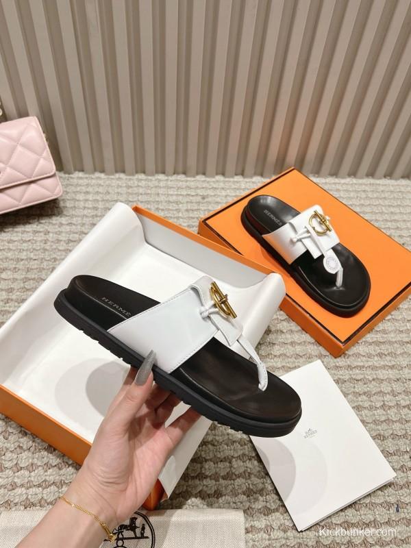 2025 Women Hermès White Leather Slippers LY00270