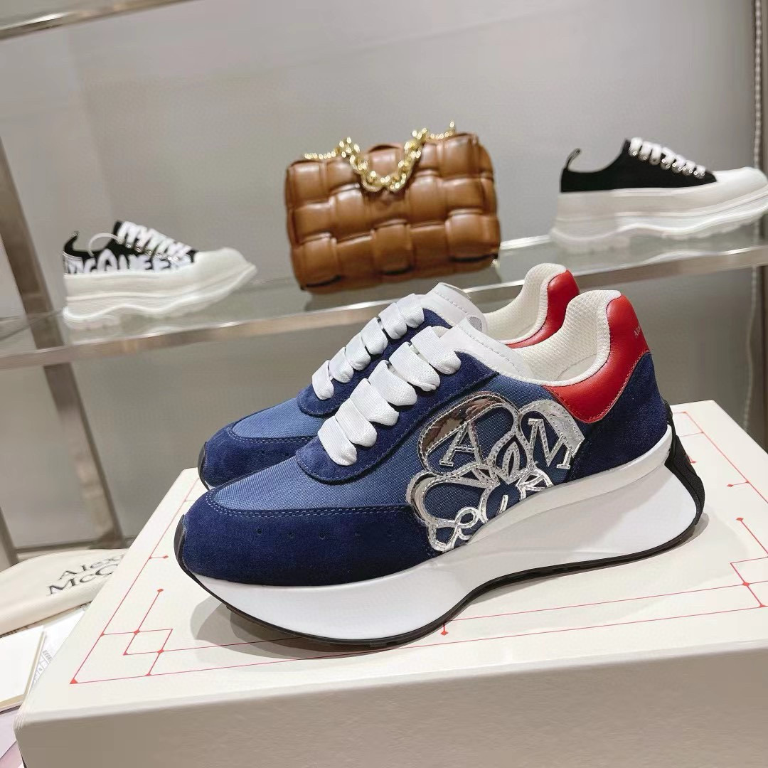 2024 Unisex Alexander McQueen Blue Red Leather Suede Mesh Sneakers MJ00370