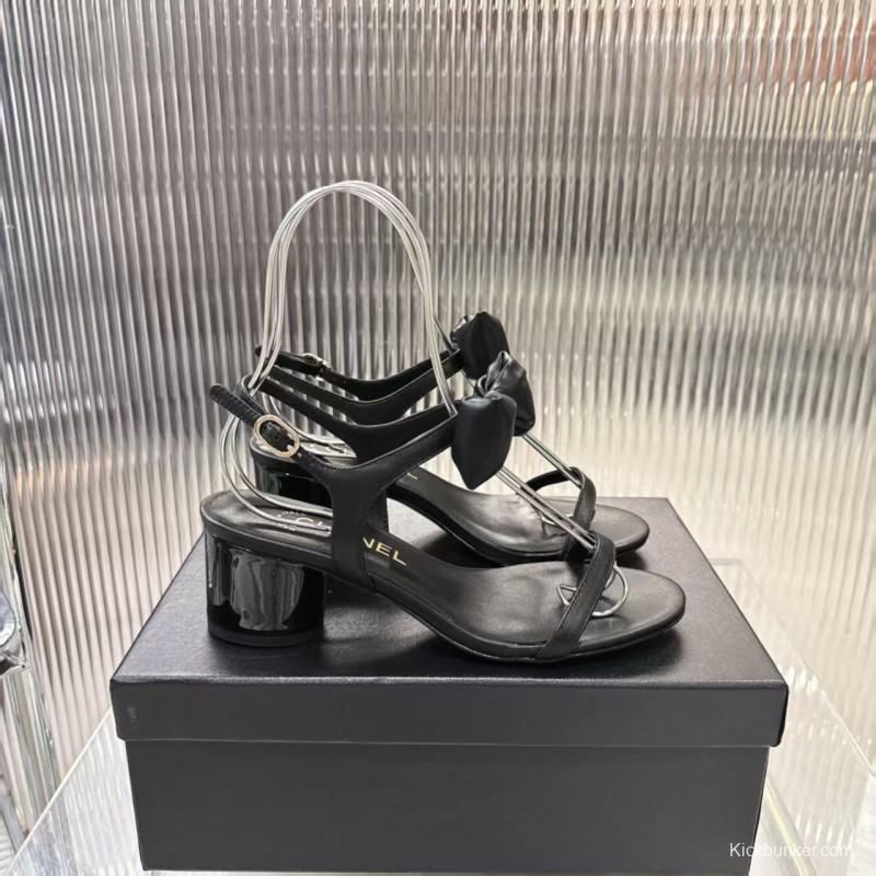 2025 Women Chanel Black Lambskin Bowknot Sandals LY00260