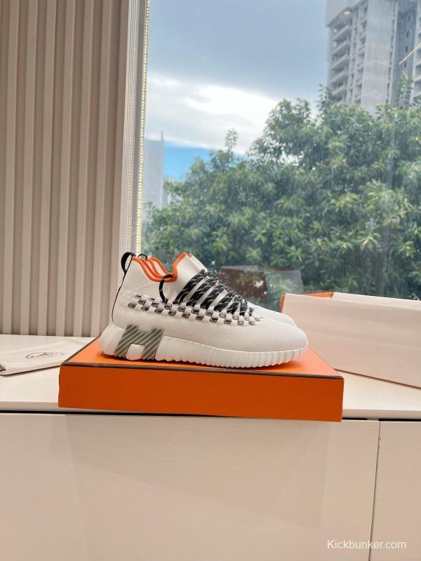 2024 Unisex Hermès White Black Orange Calfskin Suede Knit Sneakers MJ00290
