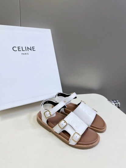 2025 Women Celine White Leather Sandals Buckle KFY00280