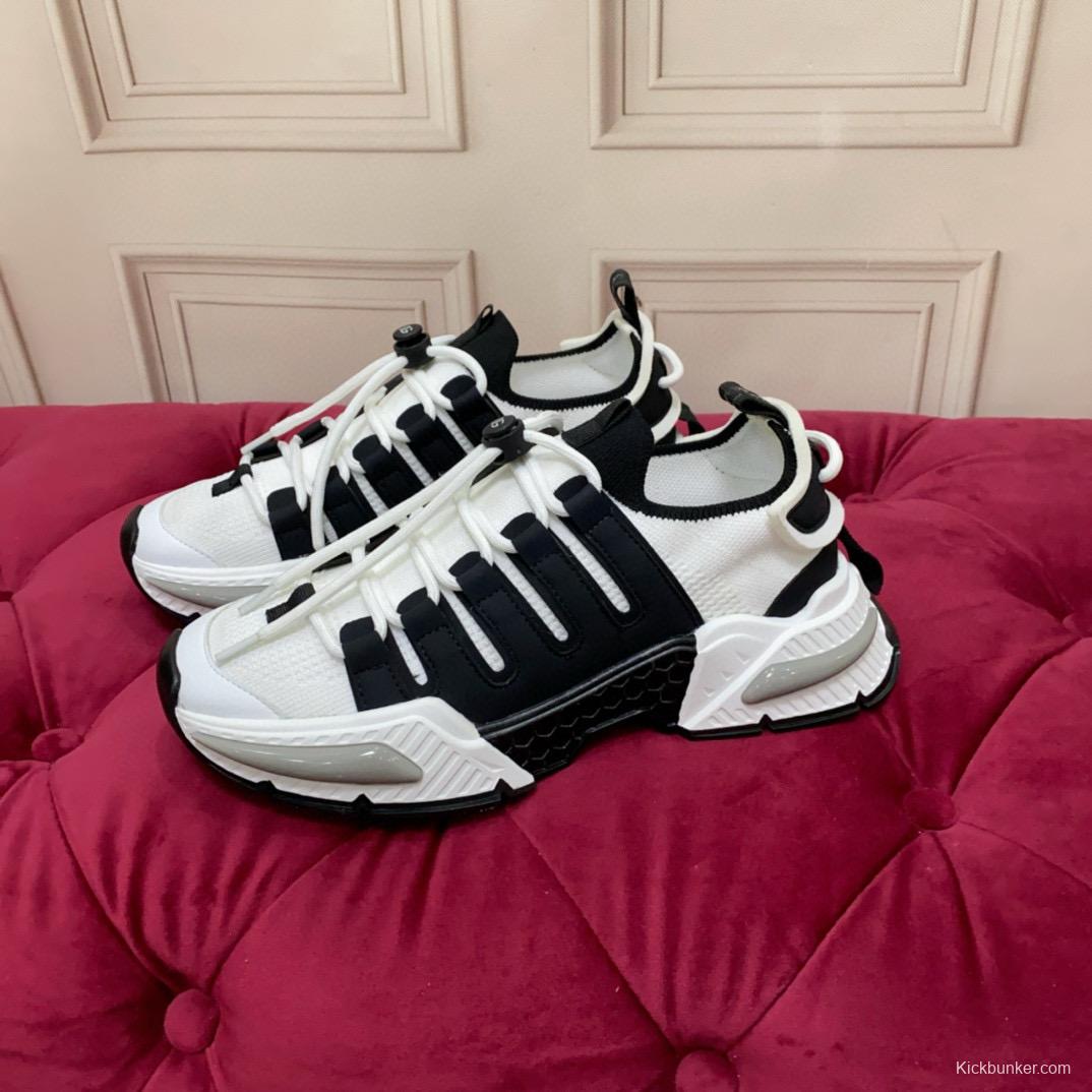 2024 Unisex Dolce & Gabbana Black White Knit Leather Sneakers MJ00340