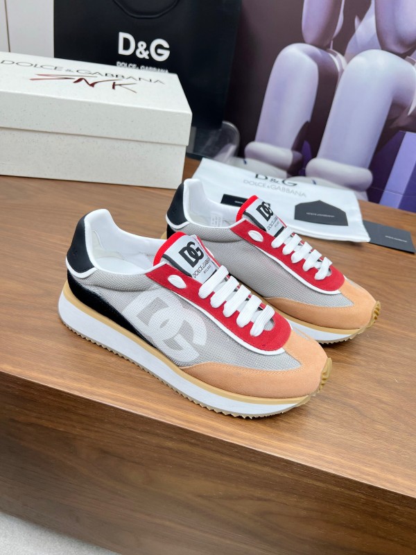 2025 Unisex Dolce & Gabbana Gray Red Beige PU Leather Mesh Sneakers LY00300
