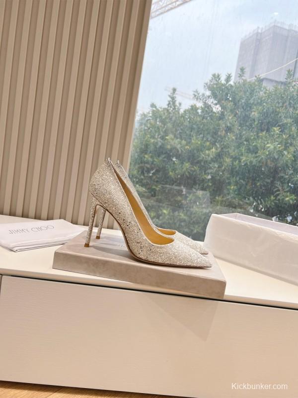 2025 Women Jimmy Choo Silver Glitter Leather Pointed Toe Pumps KFY00280