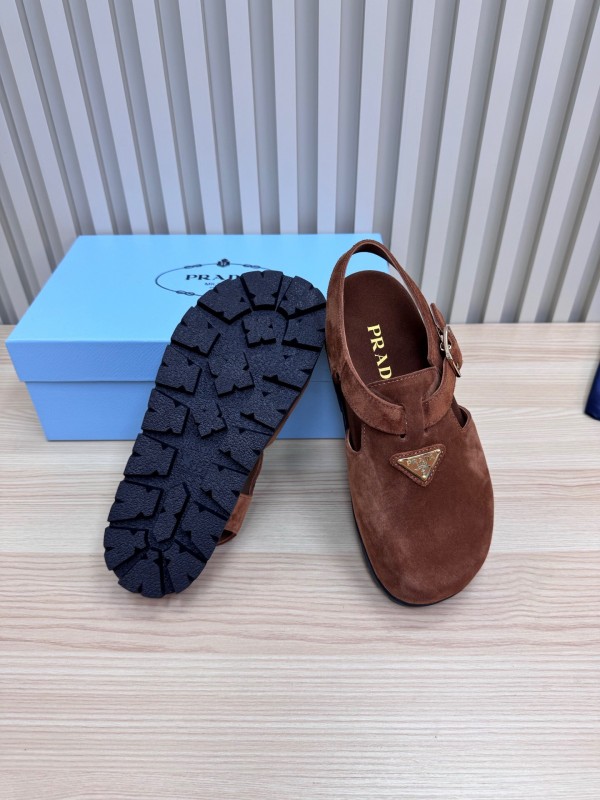 2025 Women Prada Brown Suede Slingback Buckle Sandals LY00280