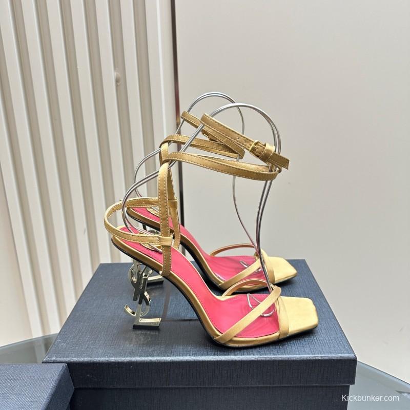 2025 Women Yves Saint Laurent Light Brown Satin High Heel Sandals