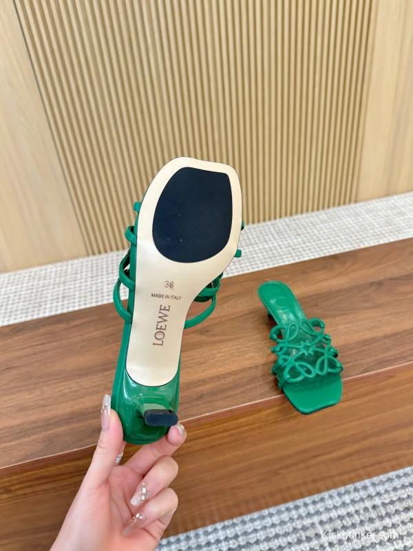 2025 Women Loewe Green Leather Heeled Sandals LY00250
