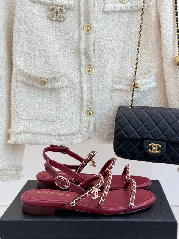 2025 Women Chanel Red Lambskin Chain Strap Sandals