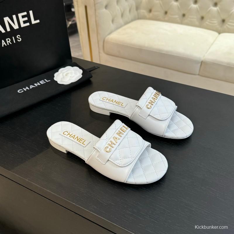 2025 Women Chanel White Leather Slippers