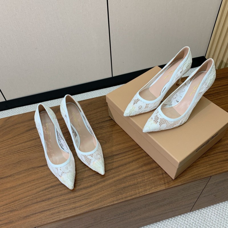 2025 Women Gianvito Rossi White Lace Leather Pumps KFY00280