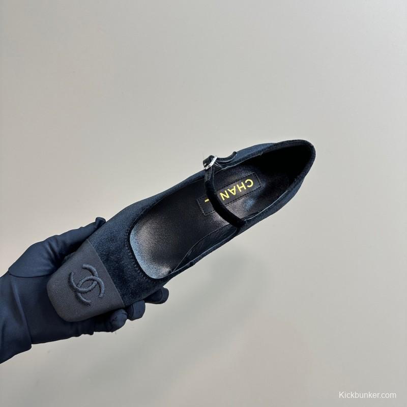 2025 Women Chanel Black Velvet Leather Mary Jane CC Logo KFY00290