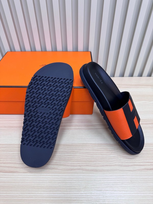 2025 Slippers Hermès Orange Black Leather Slippers