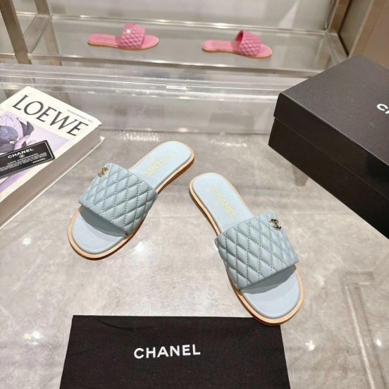 2025 Women Chanel Light Blue Lambskin Slippers