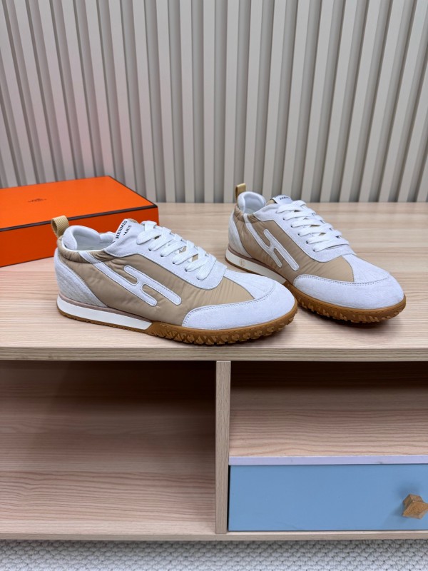 2025 Unisex Hermès White Beige Suede Goat Leather Sneakers Top Version LY00310