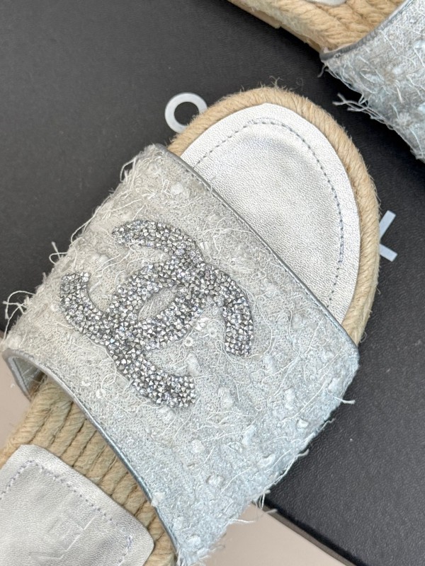 2025/Women Chanel White Lace Espadrille Slides Handmade Craft KFY00240(F)