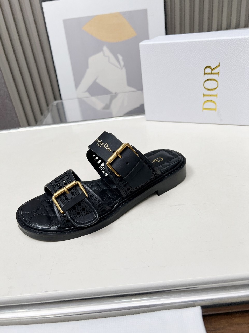 2025 Women Dior Black Leather Slippers