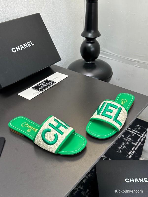 2025 Women Chanel Green Canvas Slippers