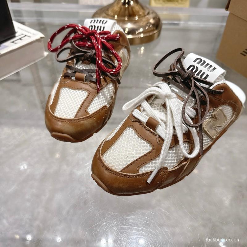 2025 Women Miumiu Brown White Leather Mesh Sneakers