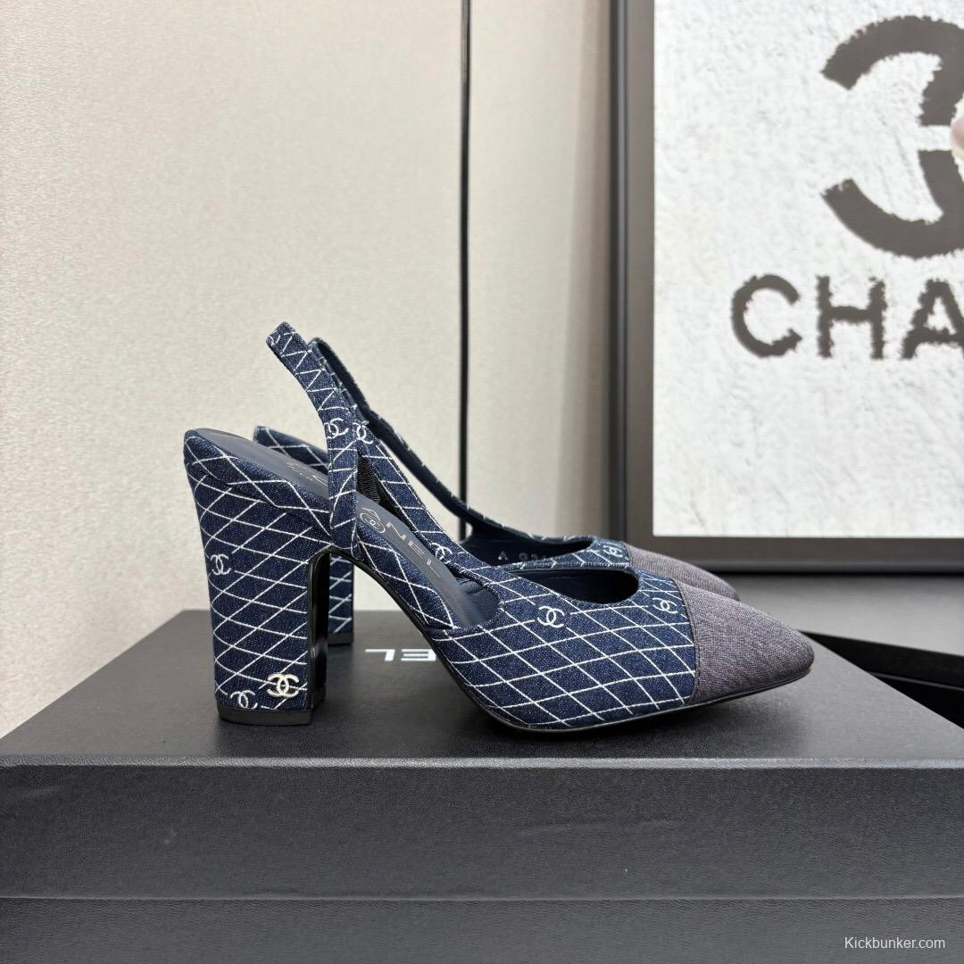 2025 Women Chanel Blue Denim Fabric Slingback Shoes