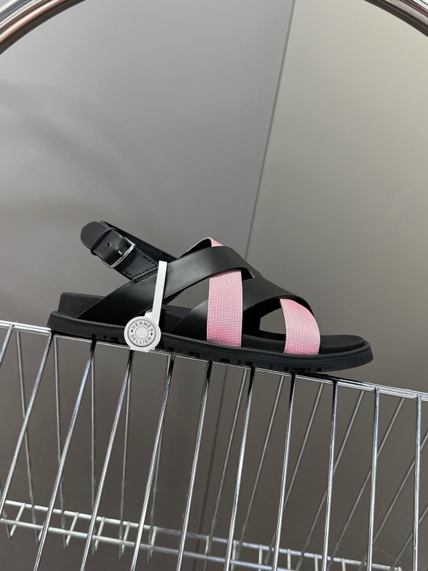 2025 Women Hermès Pink Black Leather Sandals