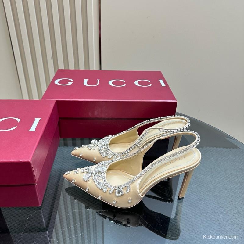 2025 Women Gucci Beige Silk Crystal Embellished Slingback Heels MJ00340