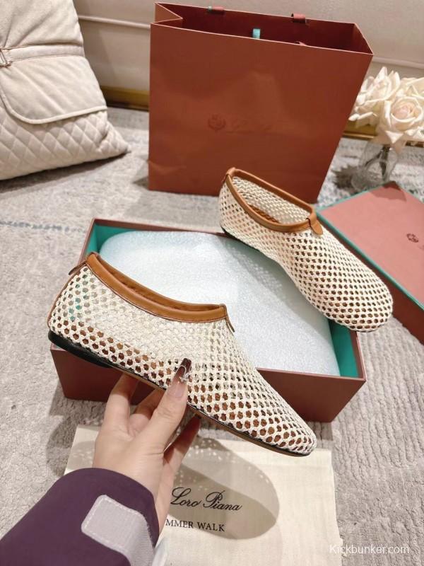 2025 Women Le Parmentier Beige Brown Mesh Ballet Flats Handmade LY00250
