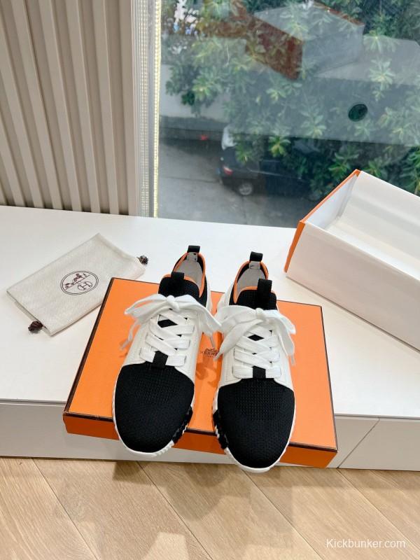 2024 Unisex Hermès Black White Orange Calf Leather Suede Knit Sneakers MJ00290