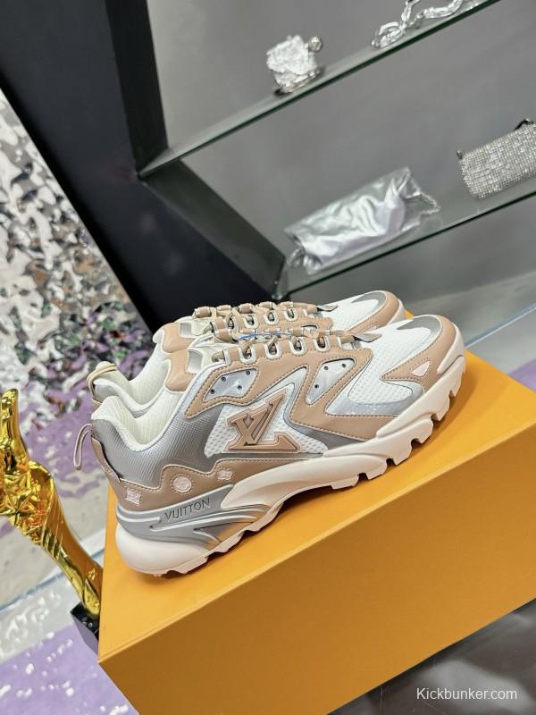 2025 Men Louis Vuitton Gradient Color Beige White Mesh Leather Sneakers MJ00420