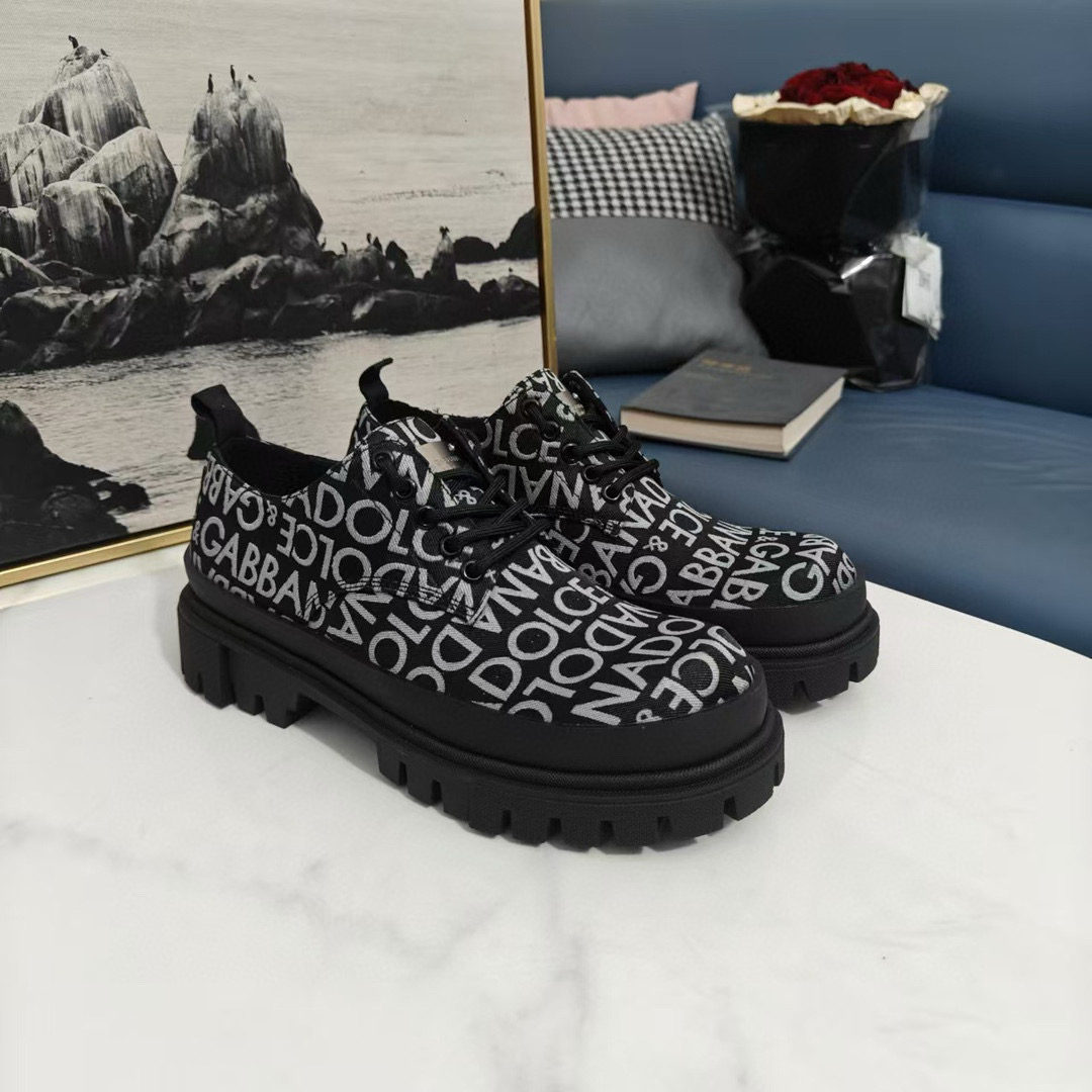 2024 Unisex Dolce & Gabbana Black White Leather Canvas Derby Chunky Shoes MJ00310