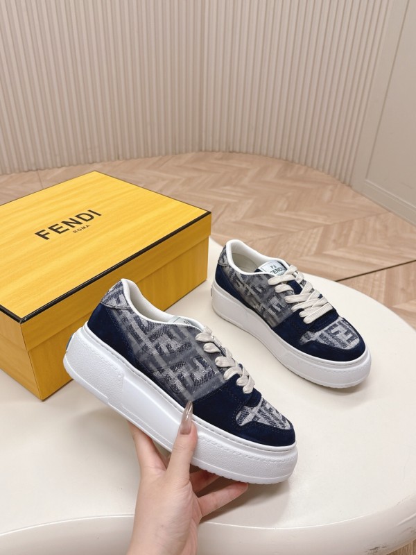 2025 Women Fendi Navy Grey Leather Canvas Sneakers LY00340