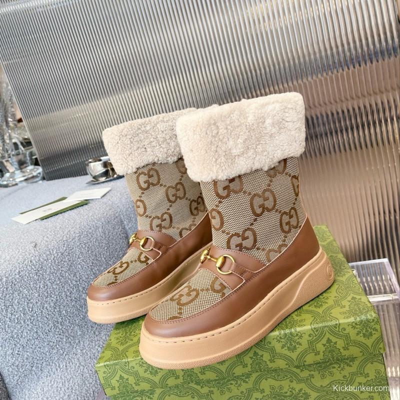 2024 Women Gucci brown leather sheep wool snow boots MJ00420
