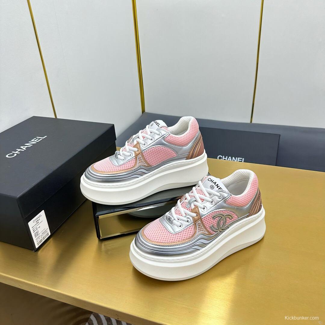 2025 Women Chanel Pink Silver Leather Mesh Sneakers