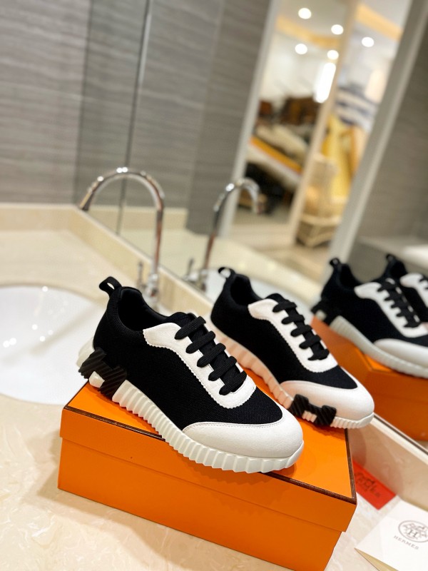 2024 Unisex Hermès Black White Knitted Leather Sneakers