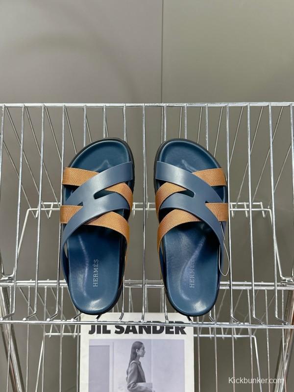 2025 Slippers Hermès Blue Brown Leather Slippers