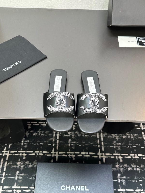 2025 Women Chanel Black Leather Rhinestone Logo Slide Sandals LY00360(F)